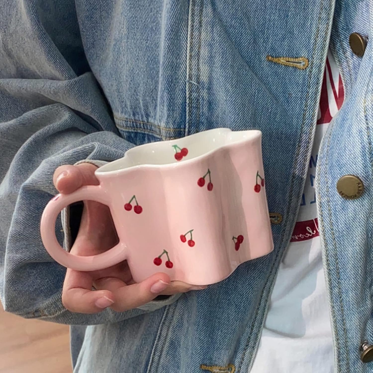Women Girls Pink Flower Shape Cherry Mug Ceramic Coffee Mug Water Cup 350ml/12oz Cute Novelty Vintage Gift - Image 2