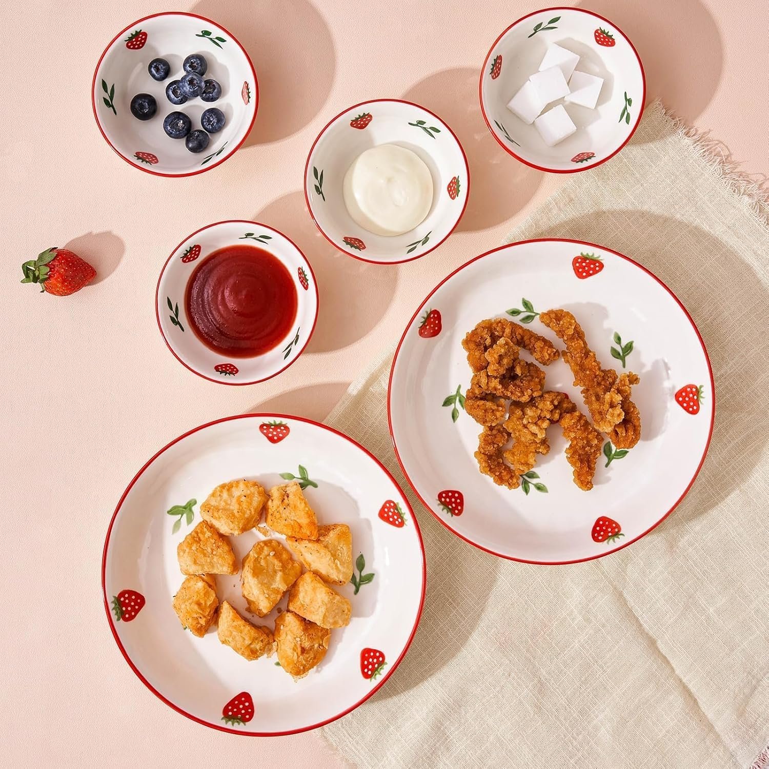 8 Inch Porcelain Pasta Bowls Set of 6, 20 OZ Cute Strawberry Plates, Dessert Plates for Fruit and Appetizer, Perfect for Women Gift, Family Party - Image 2