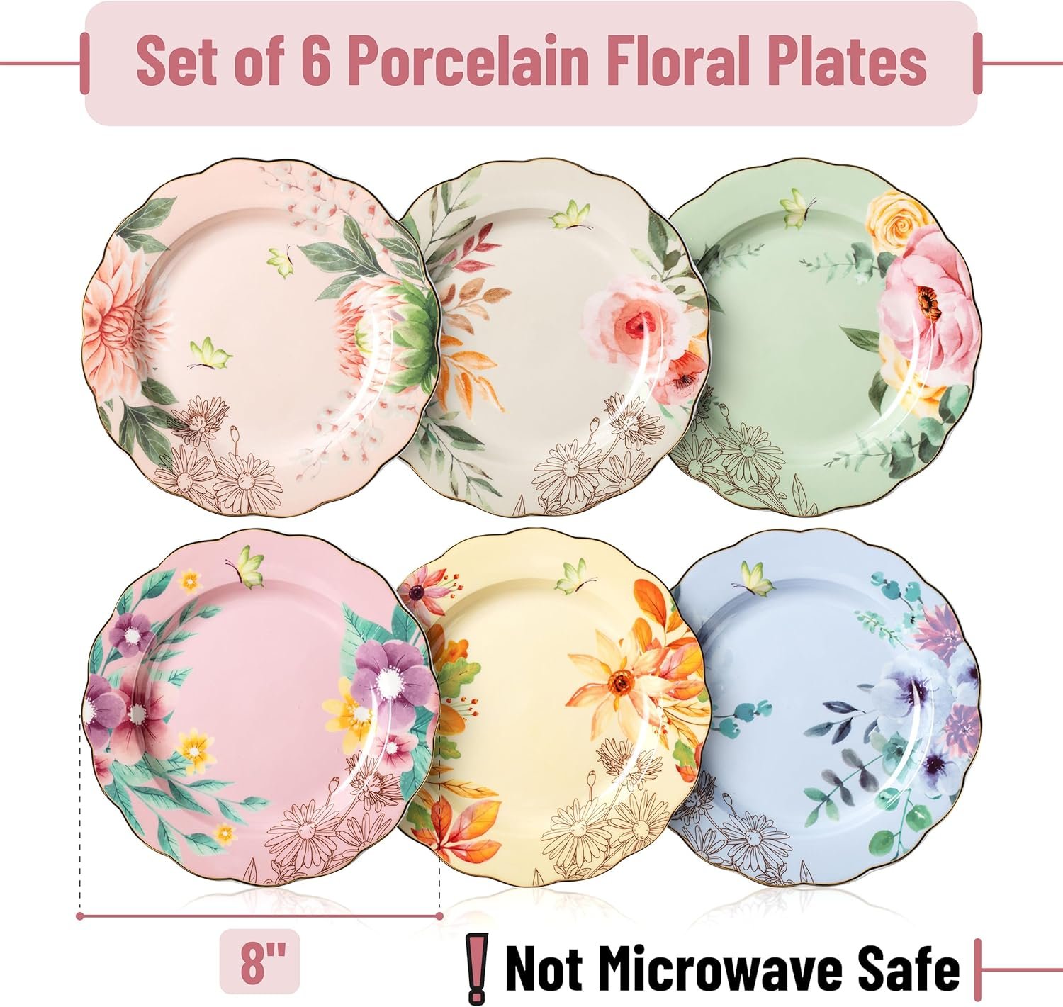 - Porcelain Floral Plates, 8 inch, Set of 6, Royal Dessert Plates, Appetizer Plates, Floral Plates, Salad Plates, Small Plates, Small Plates Set, Small Dishes, Dinnerware - Image 2