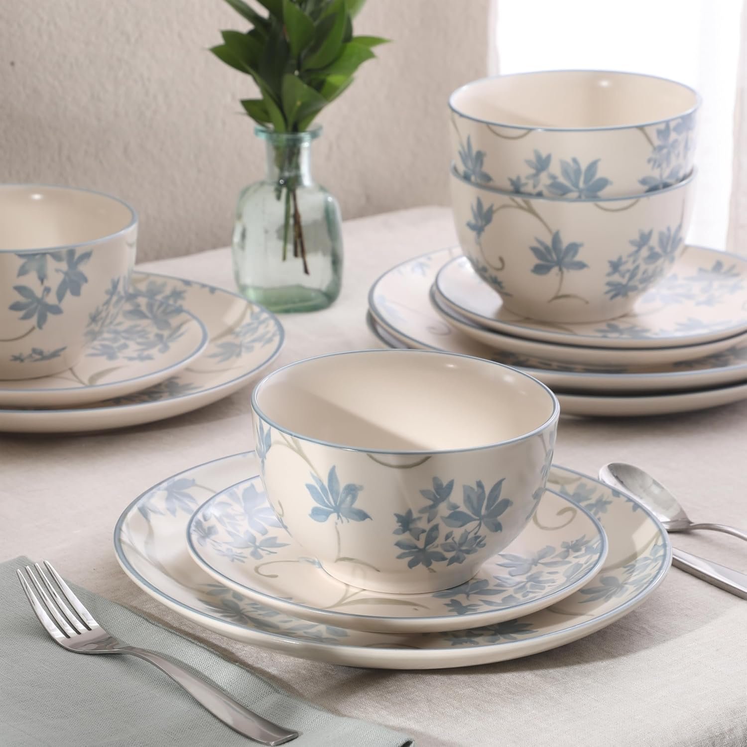 12-Piece Matte Stoneware Dinnerware Set – Dinner Plates, Salad Plates & Bowls with Blue Floral Pattern, Durable Everyday Dish Set, Microwave & Dishwasher Safe - Image 2