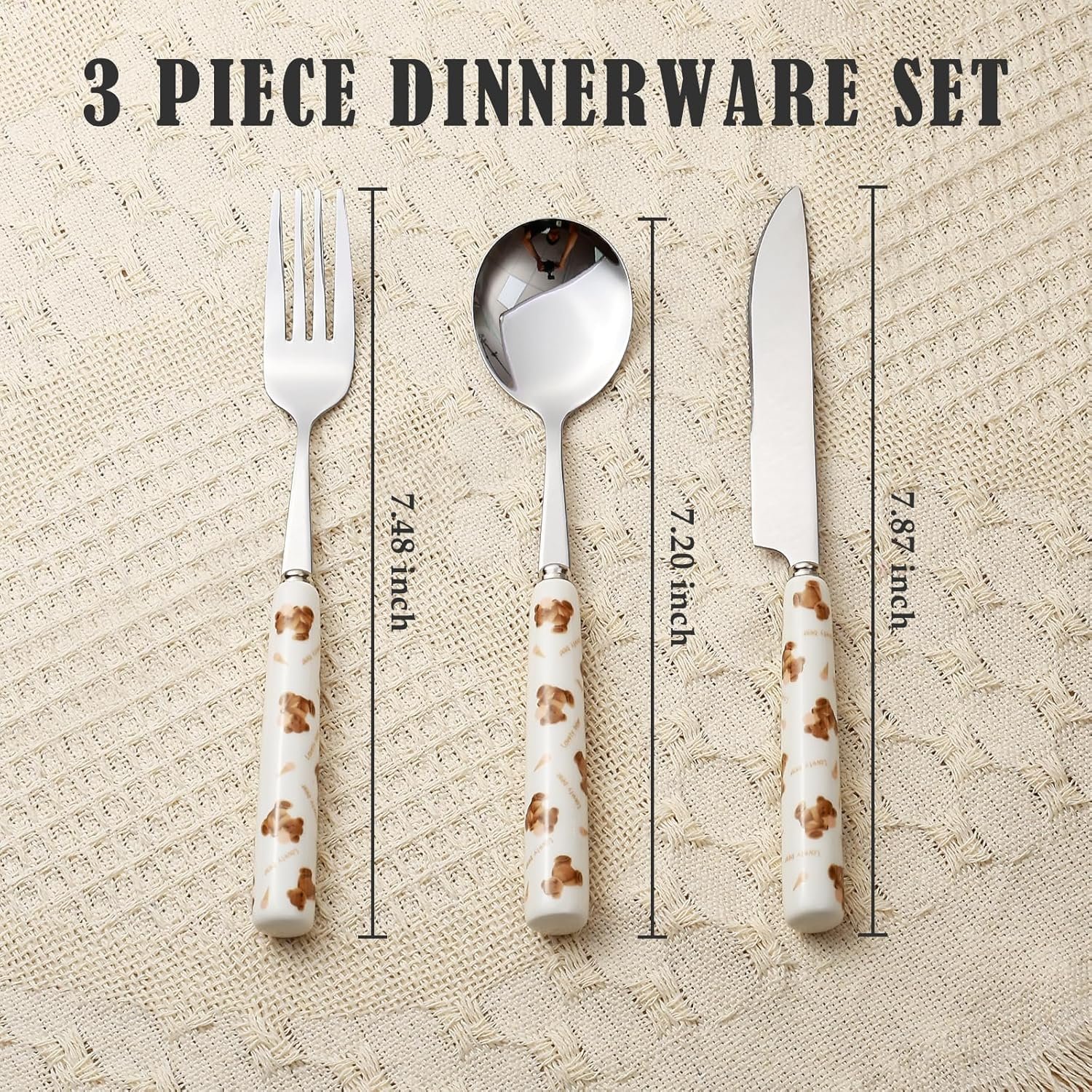 3-Piece Cutlery Set, Stainless Steel Flatware Sets with Lovely Bear Pattern Ceramic Handle, Utensils including Knife Fork Spoon (Bear with Ice-cream) - Image 2
